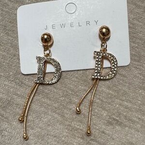 Gold Letter D Drop Earrings with Crystal Accent New